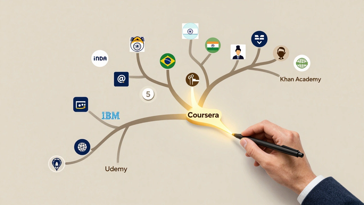A branching learning path with Coursera as the main glowing route to career growth.