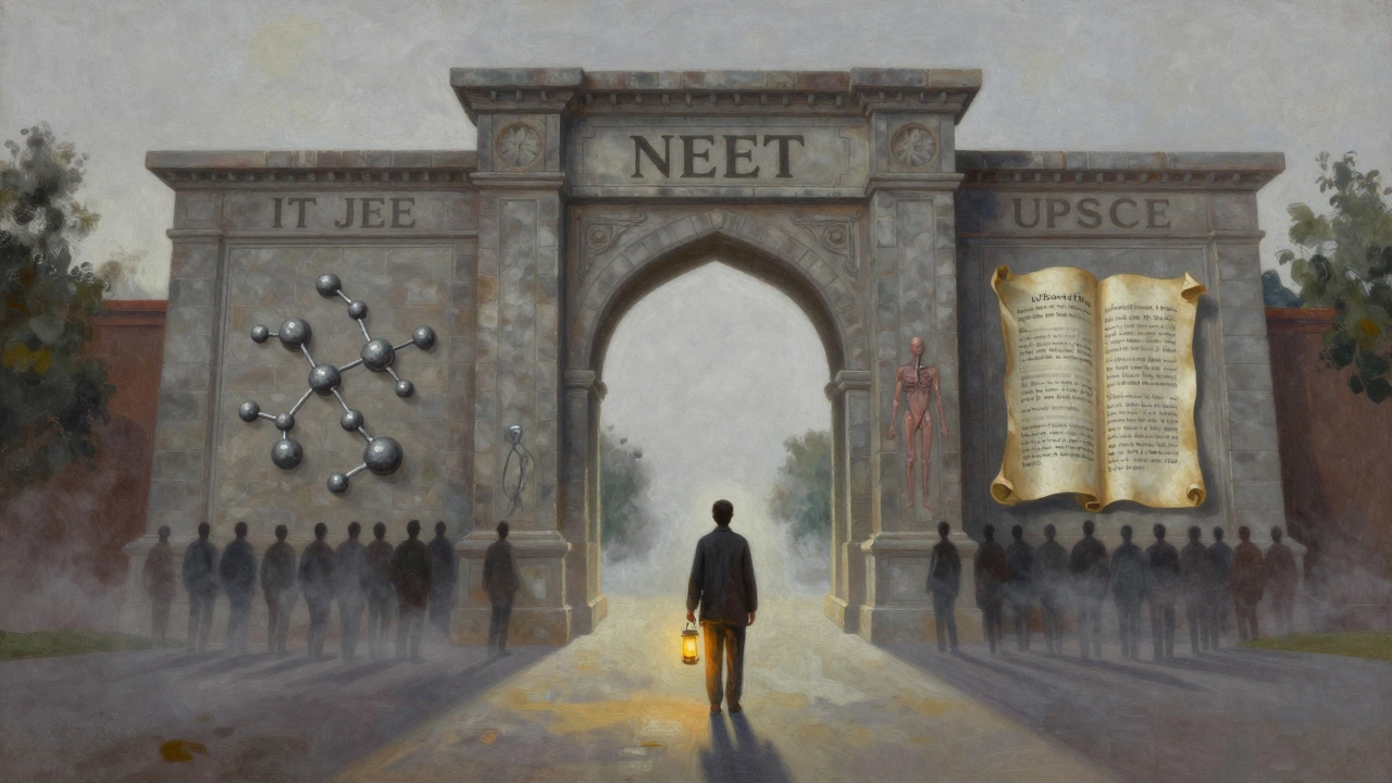 A lone person facing three massive gates representing India's toughest exams.