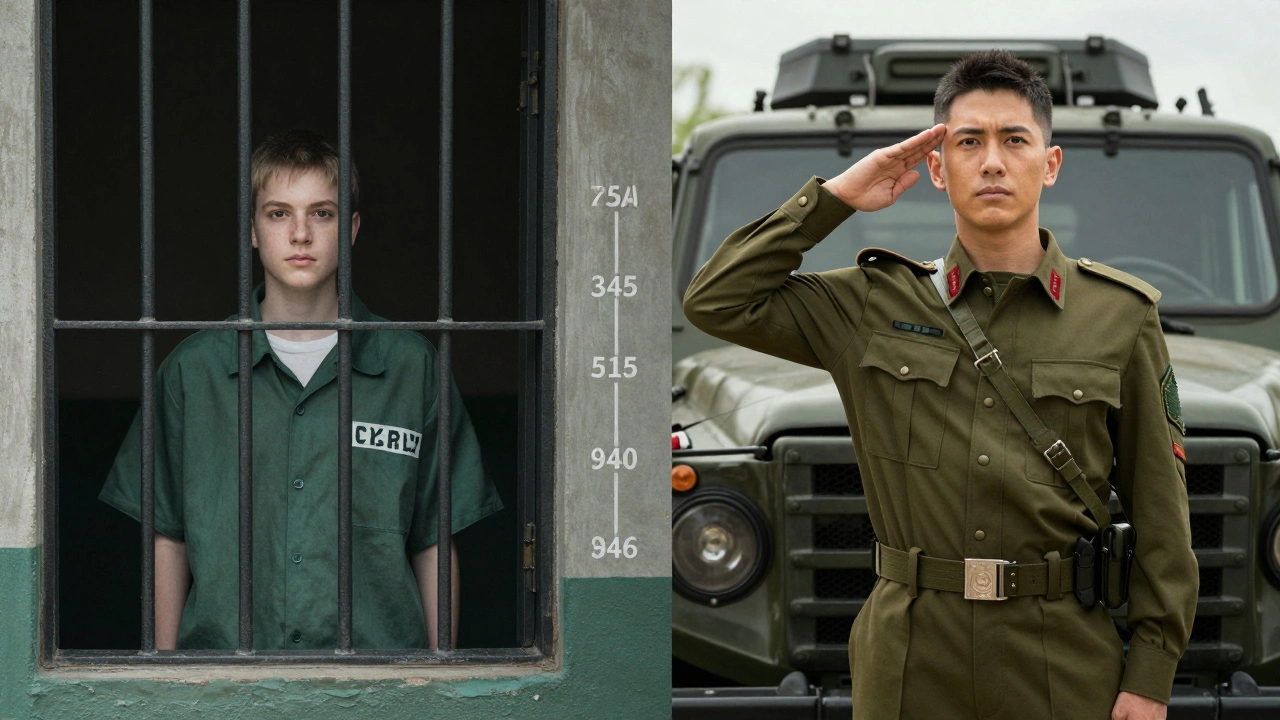 A person&#039;s transformation from incarceration to military service shown in split image.