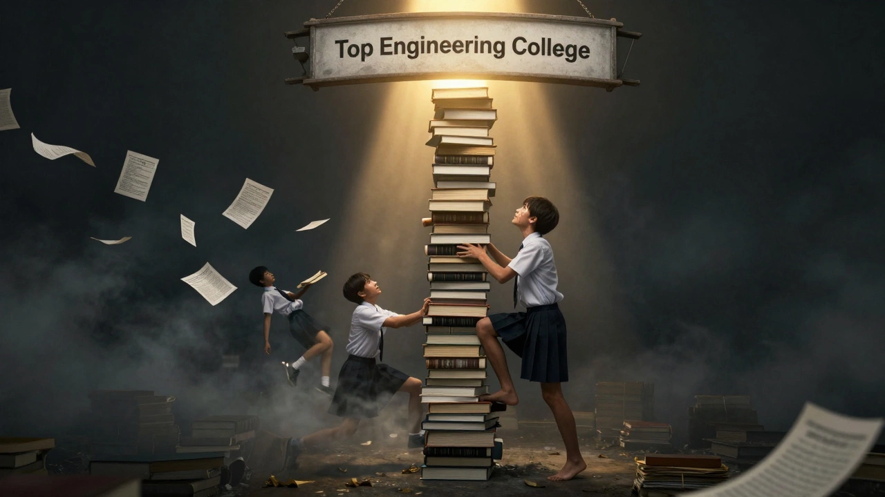A student climbing a pipeline of textbooks toward a glowing college gate, symbolizing the pressure of competitive exams.