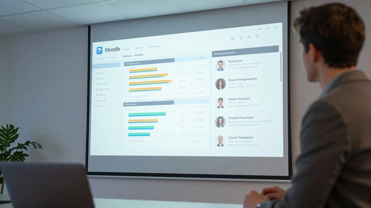 A teacher in Germany showing Moodle progress data on a wall screen.