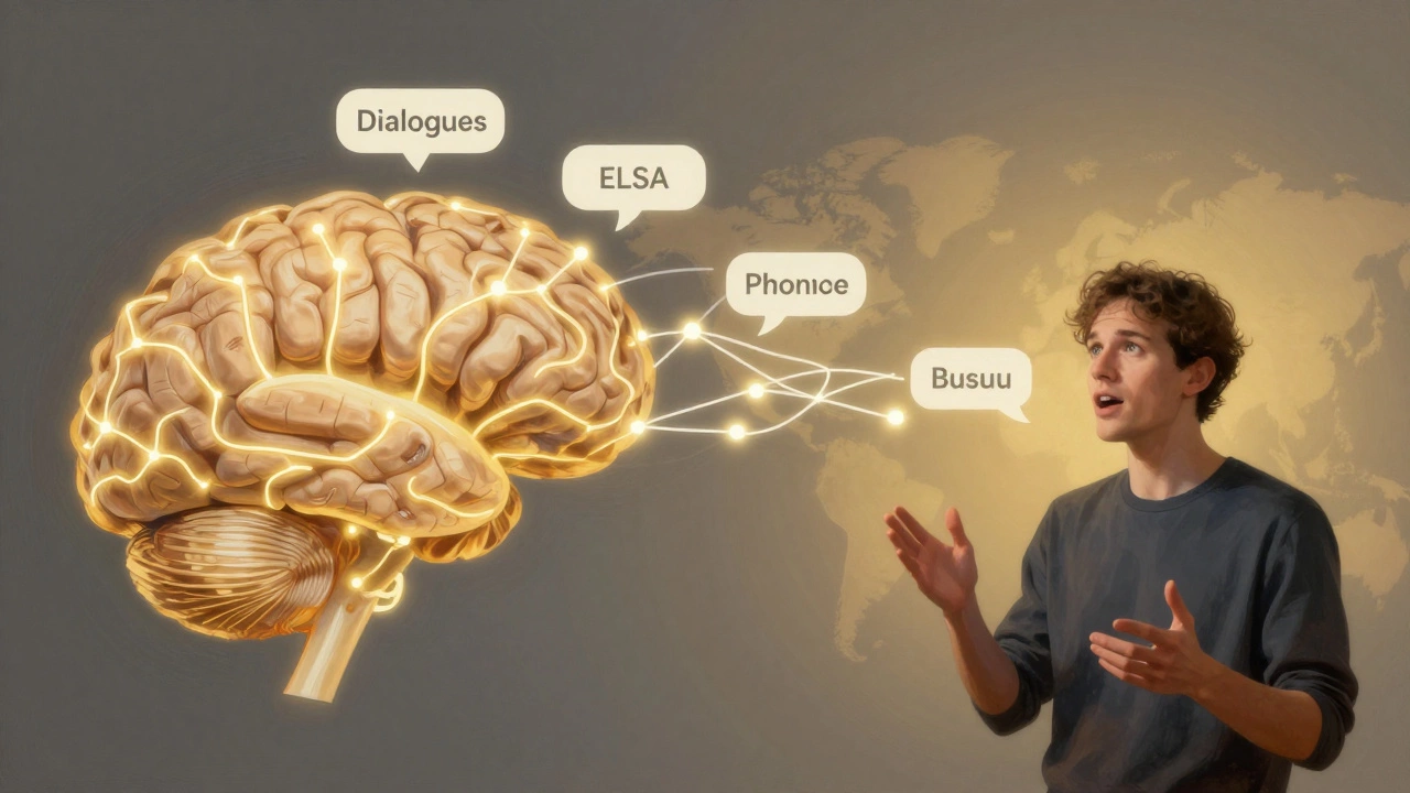 Abstract brain with glowing neural pathways connecting language apps to fluent speech over a global map.