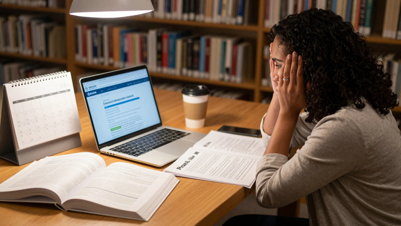 Career changer studying for Praxis exams with Virginia DOE materials at a library desk.