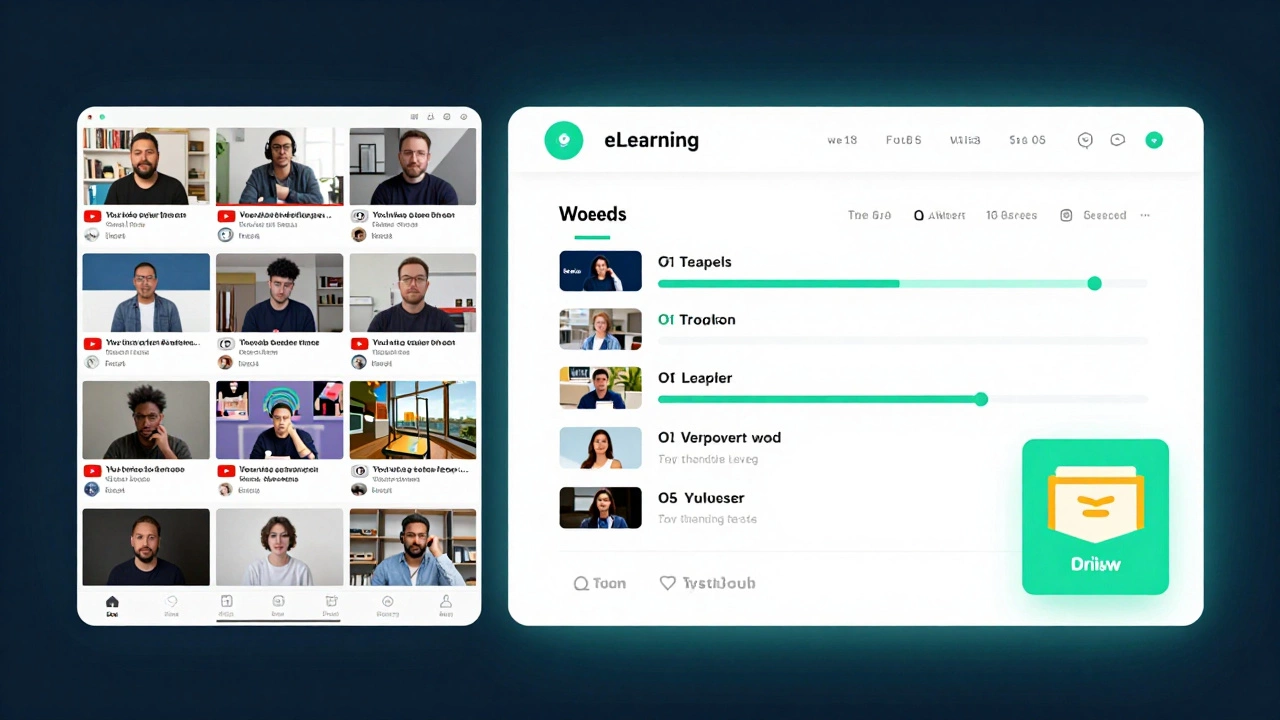 Contrast between chaotic YouTube browsing and organized eLearning platform with progress tracking and certificates.