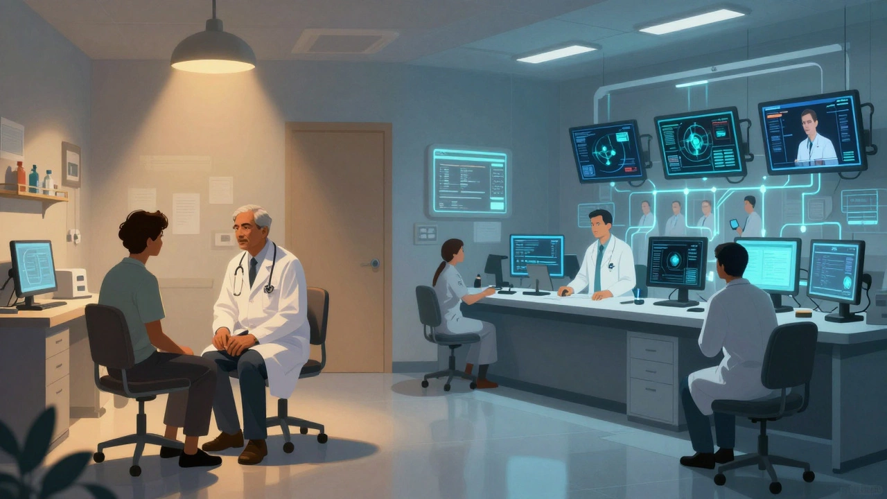 Contrasting image of a single doctor in a small clinic versus a high-tech healthcare hub led by Dr. Trehan.