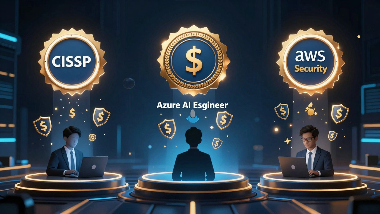 Glowing certification badges above professionals in finance, healthcare, and logistics with dollar signs