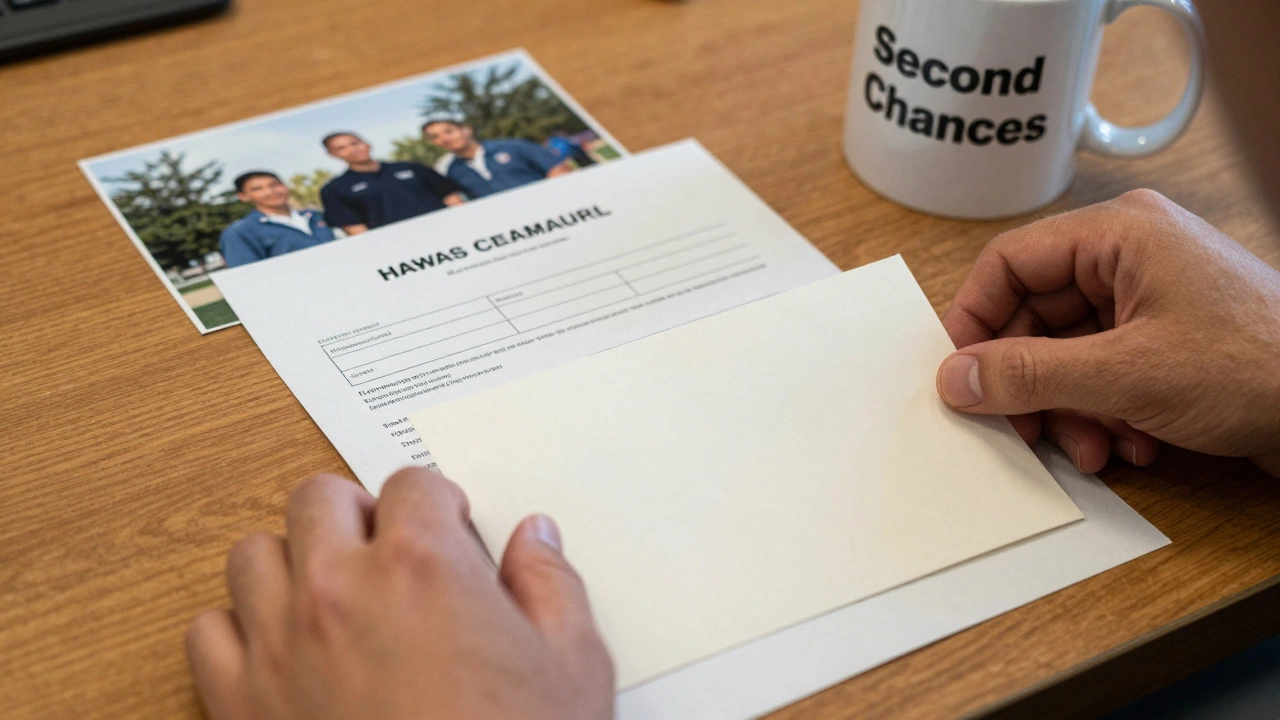 Hands submitting a waiver application with evidence of personal growth nearby.