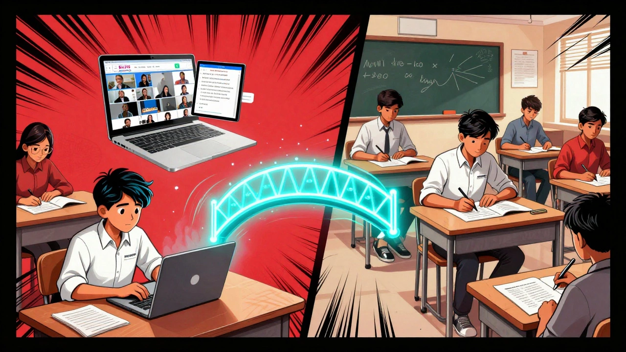 Hybrid learning: student studying online and in classroom connected by data analytics visuals