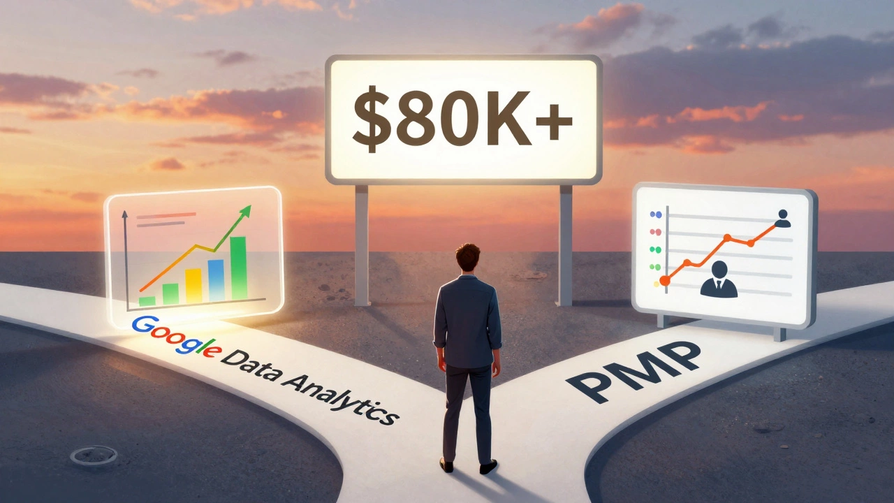 Person choosing between data analytics and project management career paths with salary milestones