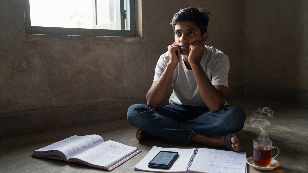 Rural aspirant studying at dawn with NCERT books and phone showing current affairs updates