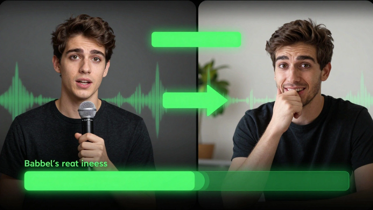 Split-screen of a learner improving from hesitant speech to confident conversation with app feedback visuals.