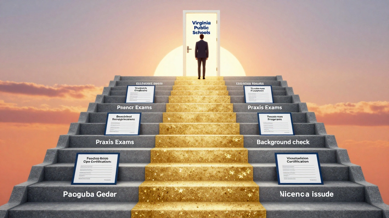 Staircase of certification steps leading to a classroom door labeled Virginia Public Schools.