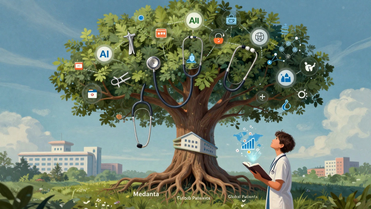 Symbolic tree of healthcare innovation with roots in Medanta and branches extending to global health systems.