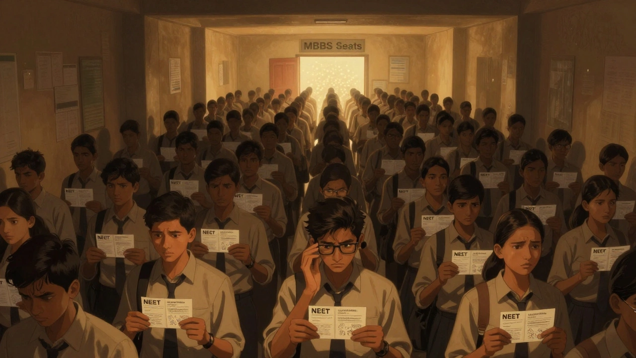 Thousands of students in a hallway, only a few lights shining through a distant door.