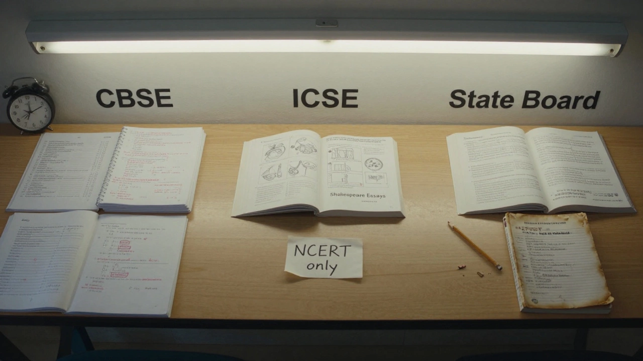 Three desks side by side showing different study materials for CBSE, ICSE, and State Board students.