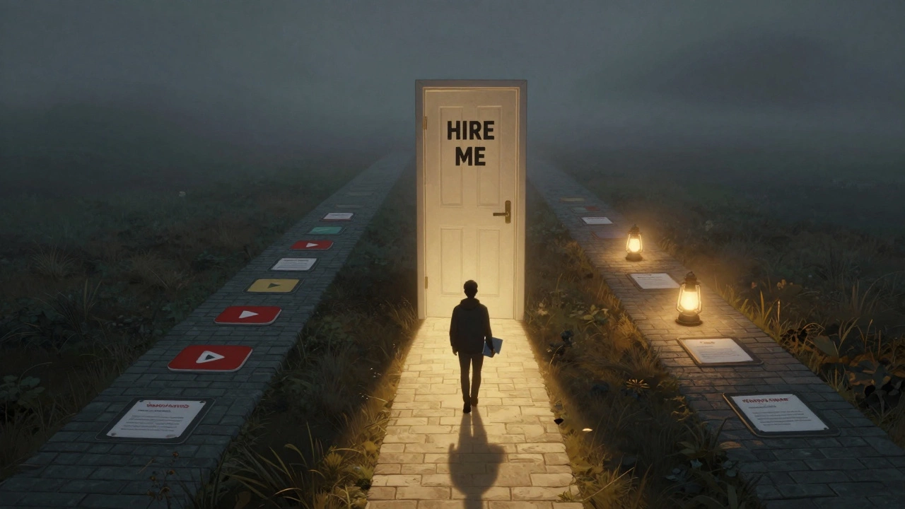 A symbolic door to employment lit only by real deployed apps, not certificates or tutorials.