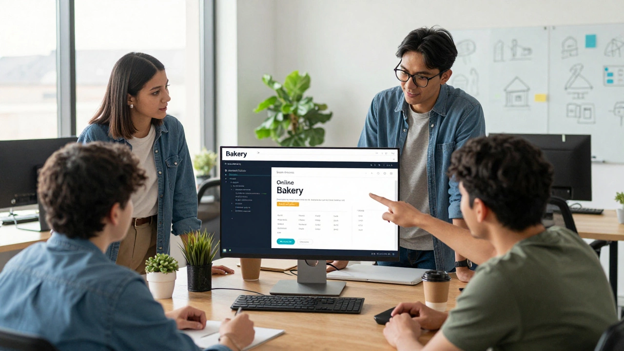 A team reviewing a live bakery website built by a self-taught developer in a modern office.