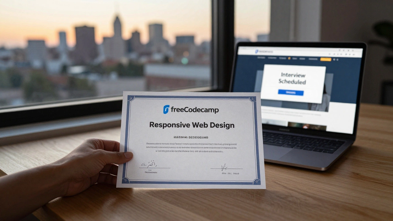 Certificate placed beside a laptop showing a live website with interview notification.