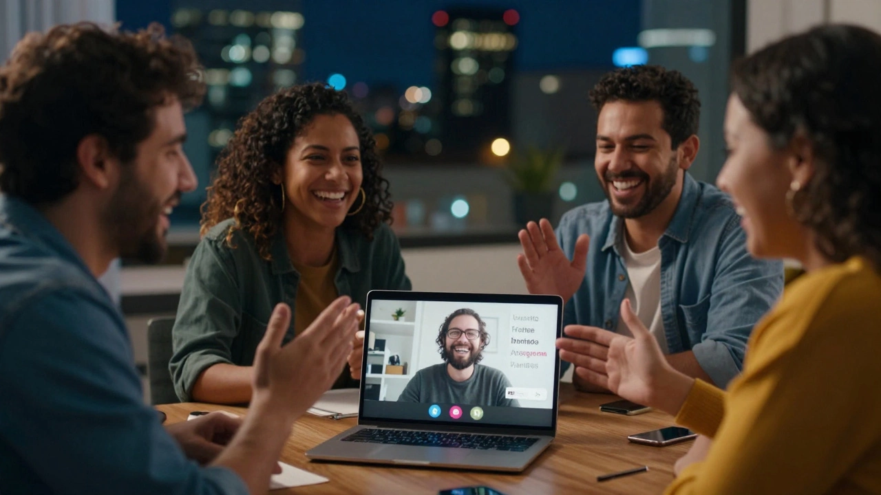 People from different countries video chatting on Tandem, practicing English and Spanish together.