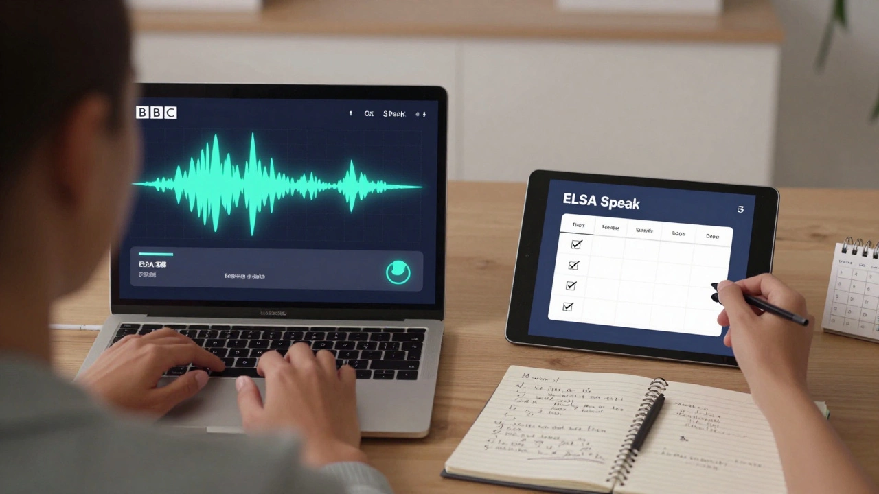 Someone using BBC Learning English and ELSA Speak simultaneously, with pronunciation feedback on screen.
