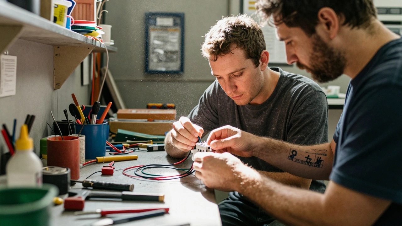 A former inmate learning electrical work in a workshop, focused on wiring a circuit breaker with tools nearby.