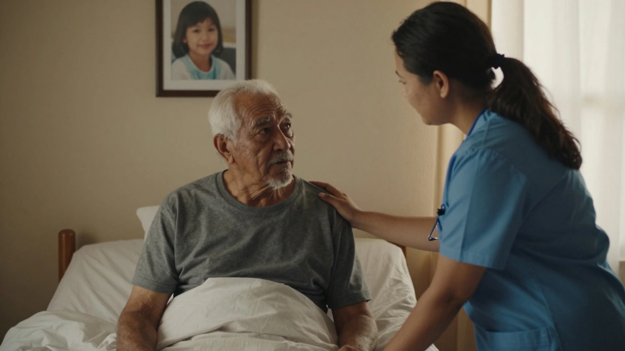 A Home Care Aide gently assisting an elderly man in a sunlit home, conveying compassion and dignity.