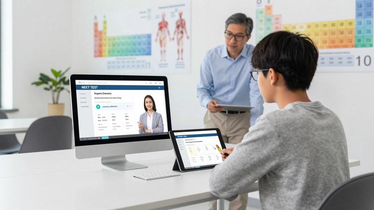 A hybrid learner analyzing her performance dashboard during a live NEET test with mentor nearby.