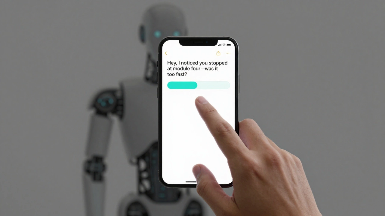 A personalized human message appears on a phone screen while an automated system fades away.