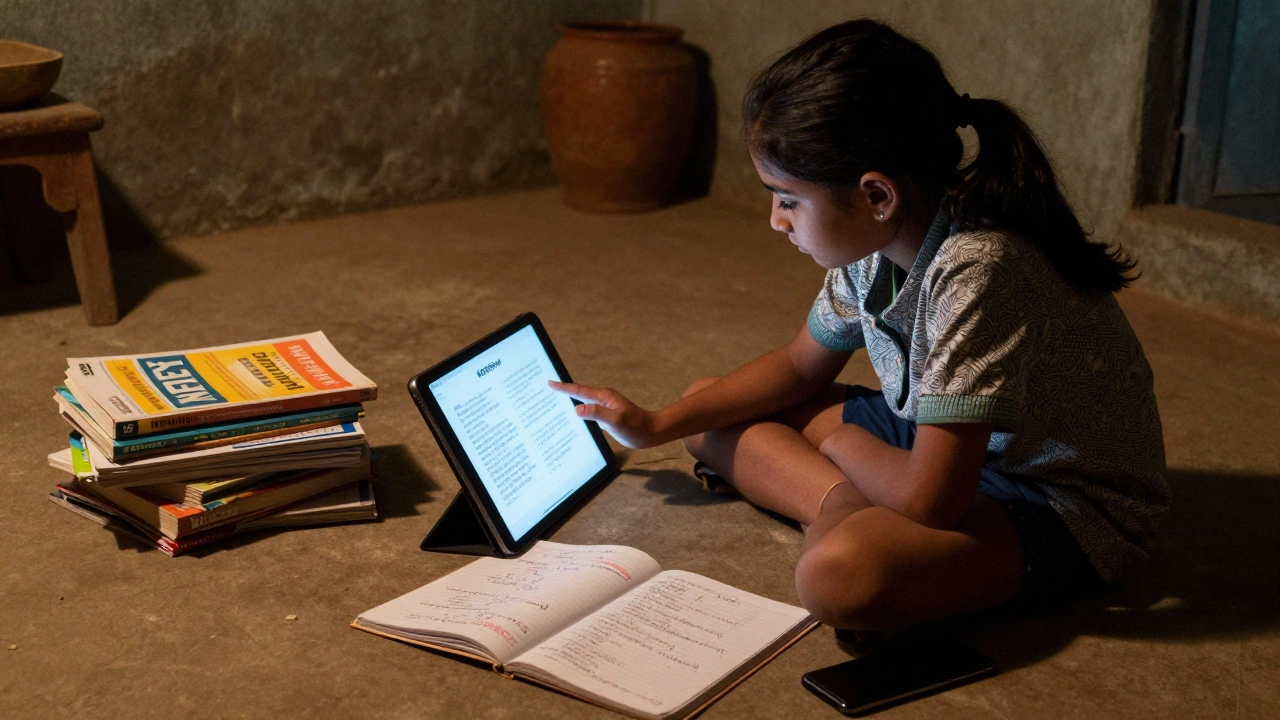 A rural student studying NEET at night using a tablet, surrounded by NCERT books and handwritten notes.