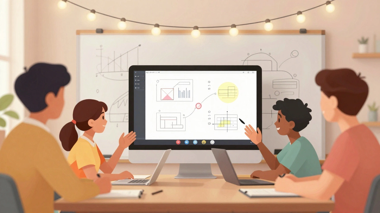 A small group of learners engaged in a warm, supportive virtual classroom discussion.