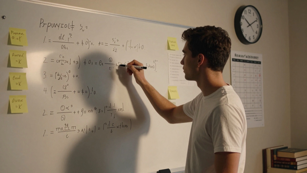A young man solving a complex math problem on a whiteboard surrounded by handwritten error logs and a clock showing evening time.