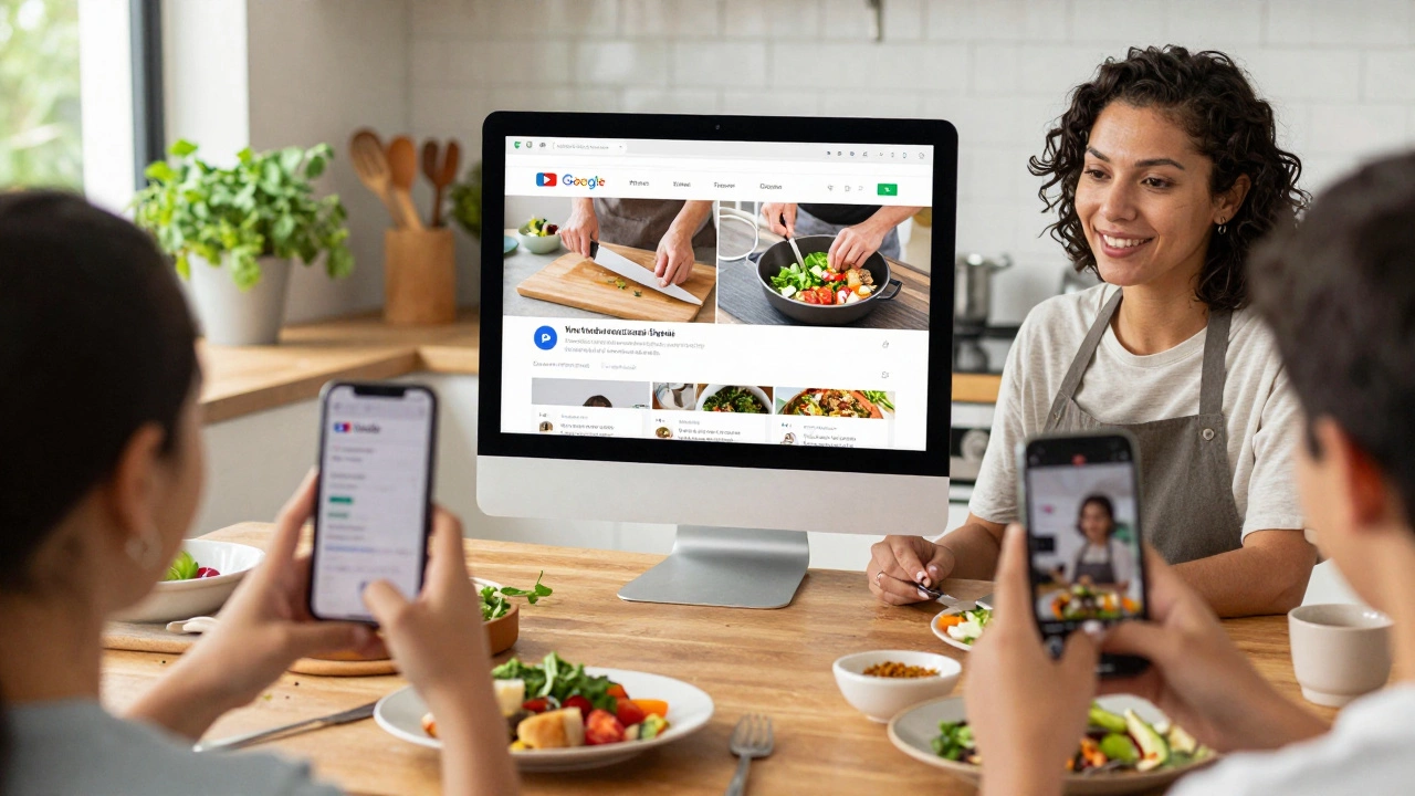 Cooking instructor displaying course content on a tablet with students holding meal photos
