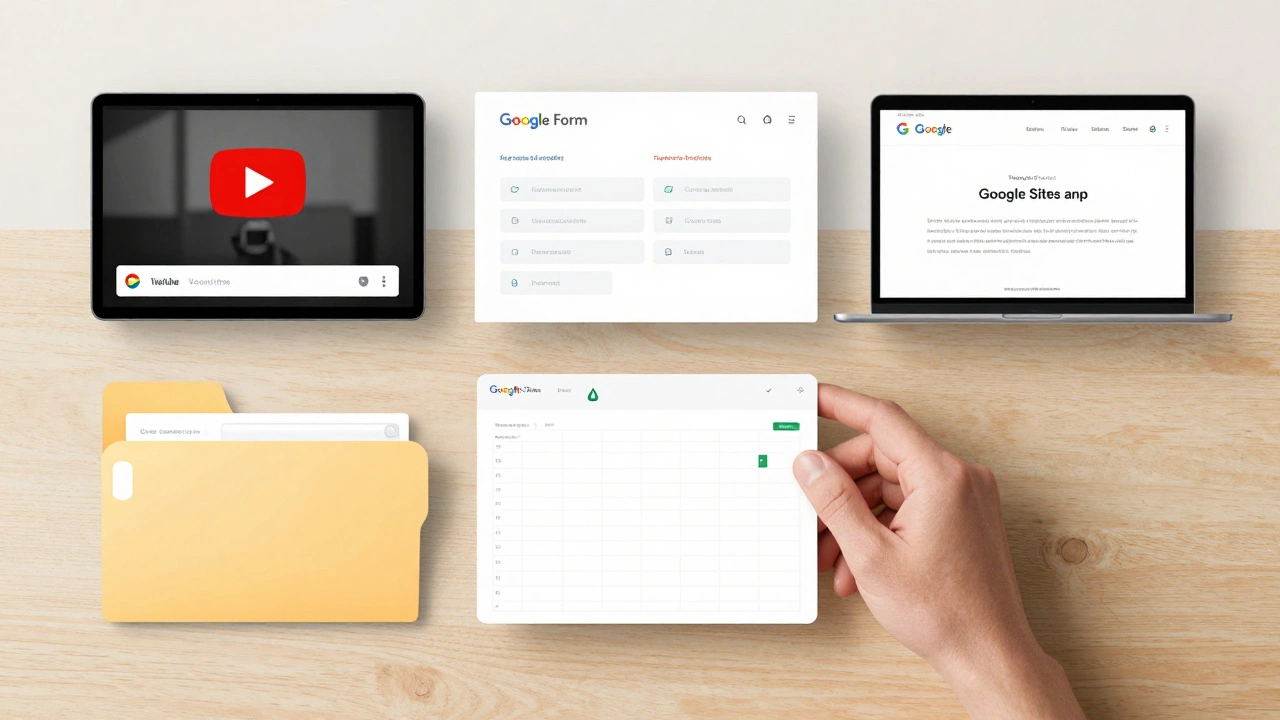 Four Google tools arranged as building blocks: YouTube, Forms, Drive, and Sites