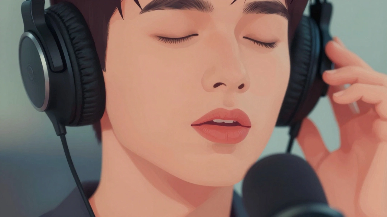 Person practicing shadowing technique with headphones and microphone.