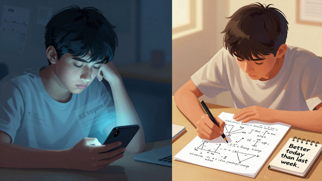 Split image: distracted by phone vs. focused solving of a complex JEE physics problem.