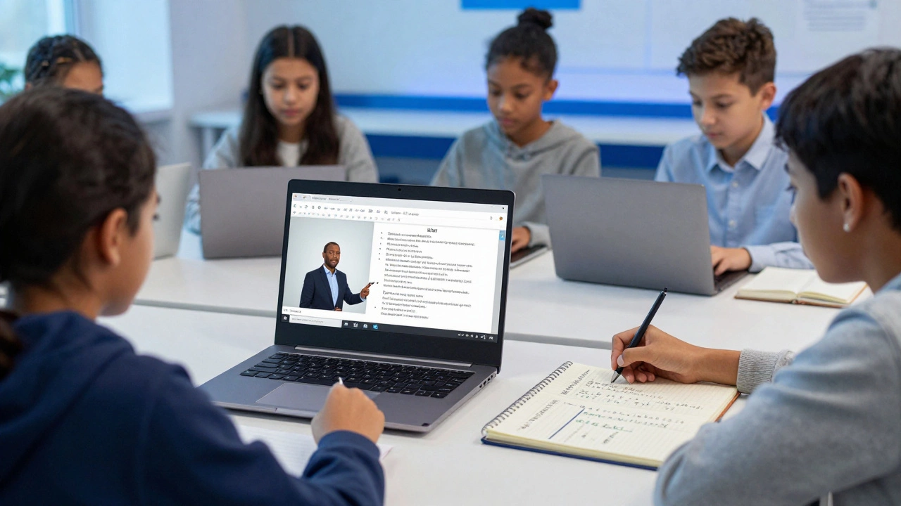 Students using Microsoft Teams with live transcripts and annotated documents.