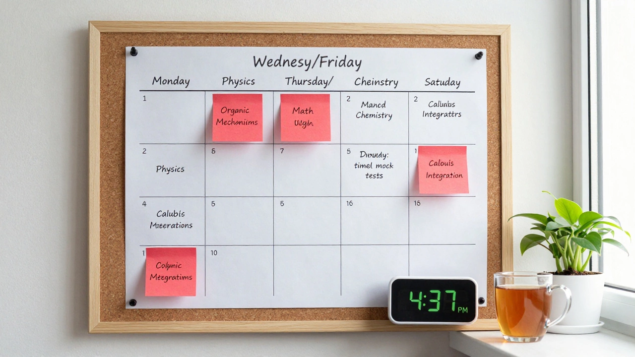 Weekly study plan chart with color-coded subjects and error analysis notes pinned to a corkboard.