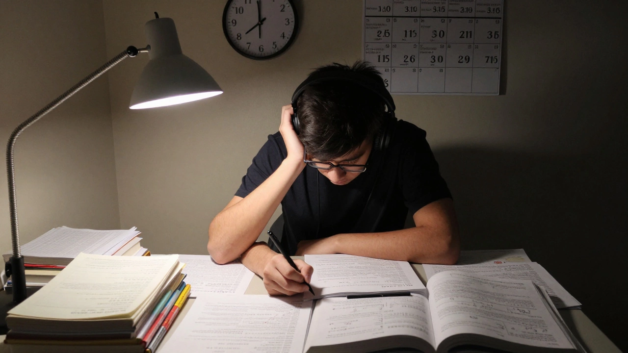 A Class 11 student studying late at night with mock tests and a calendar marked for weekly practice.
