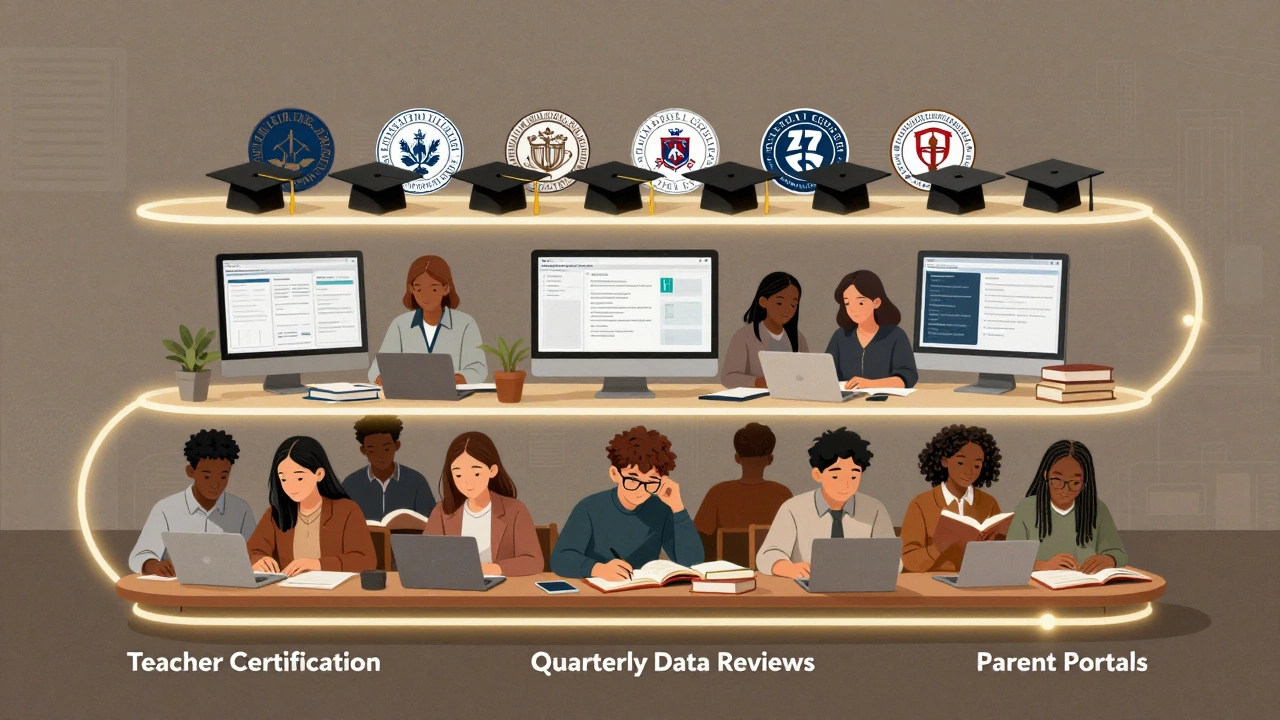 A layered visual of an education system showing students, teachers, data dashboards, and college outcomes connected by glowing pathways.