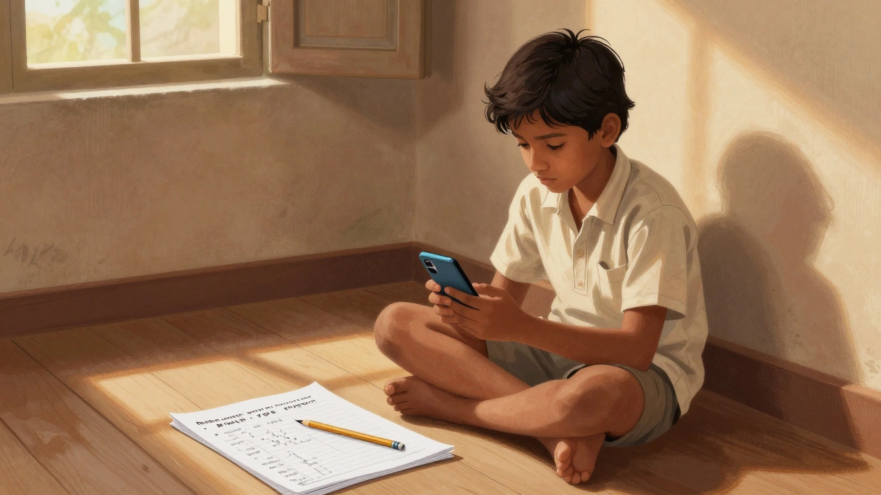 A student in rural India studying for engineering exams using a smartphone and handwritten notes.