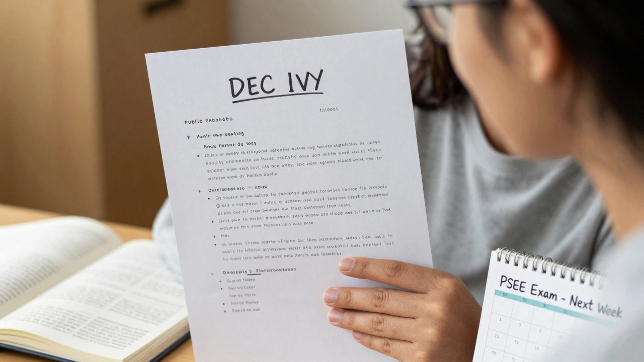 Close-up of a prepared applicant with CV, policy notes, and exam calendar, showing quiet readiness.