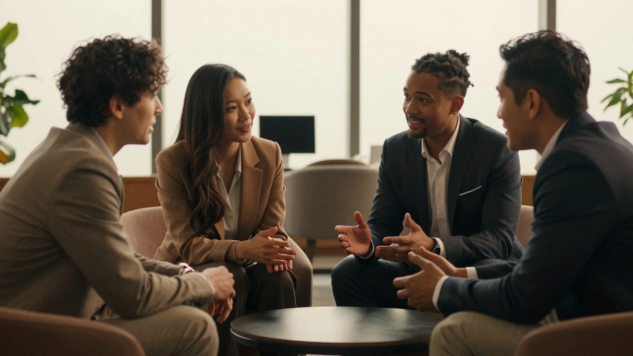 Diverse group of business professionals networking in a modern lounge.