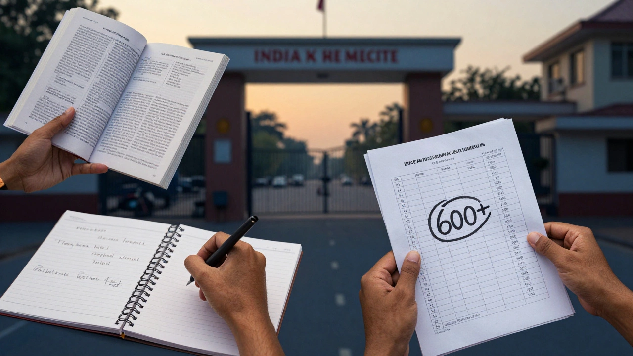 Hands engaged in NEET preparation: turning pages, writing in a journal, holding a high mock score.