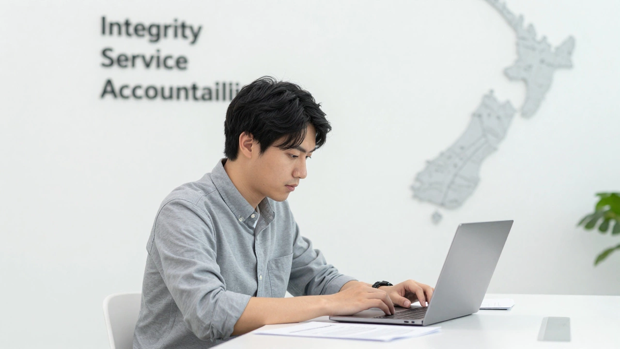 Person taking a government entrance exam in a quiet office with core public service values visible.