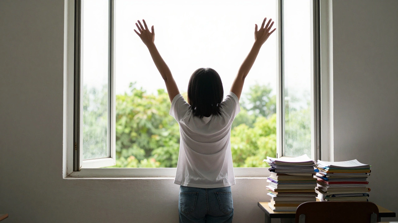 Student stretching by an open window with natural light and green foliage outside.