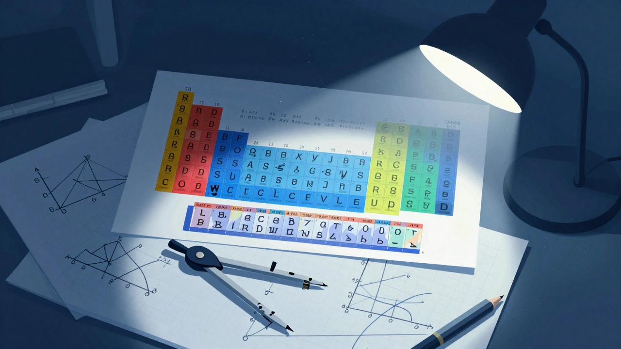 Top-down view of study tools including compass, graphs, and colored tiles on paper.