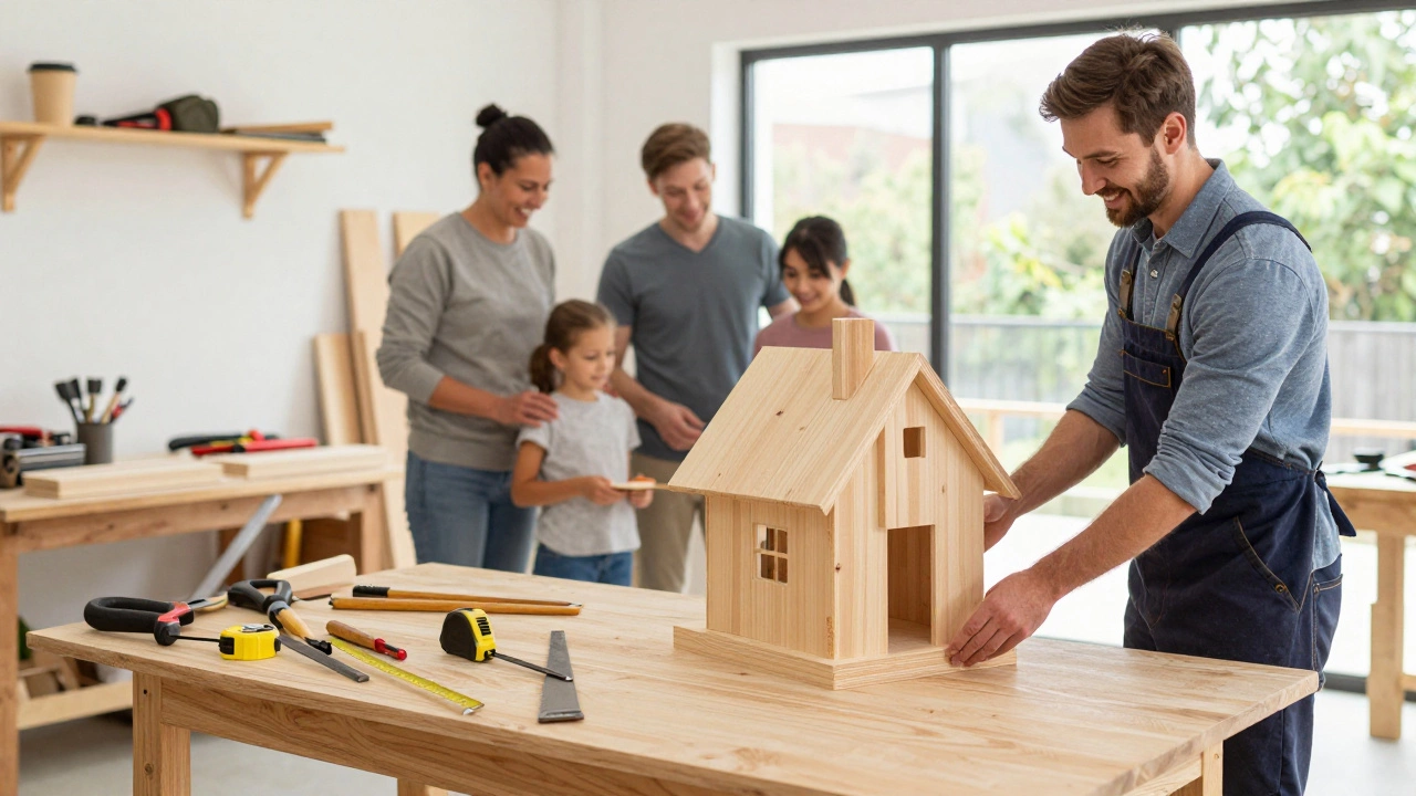 A carpenter using professional tools to build a community home for a family.