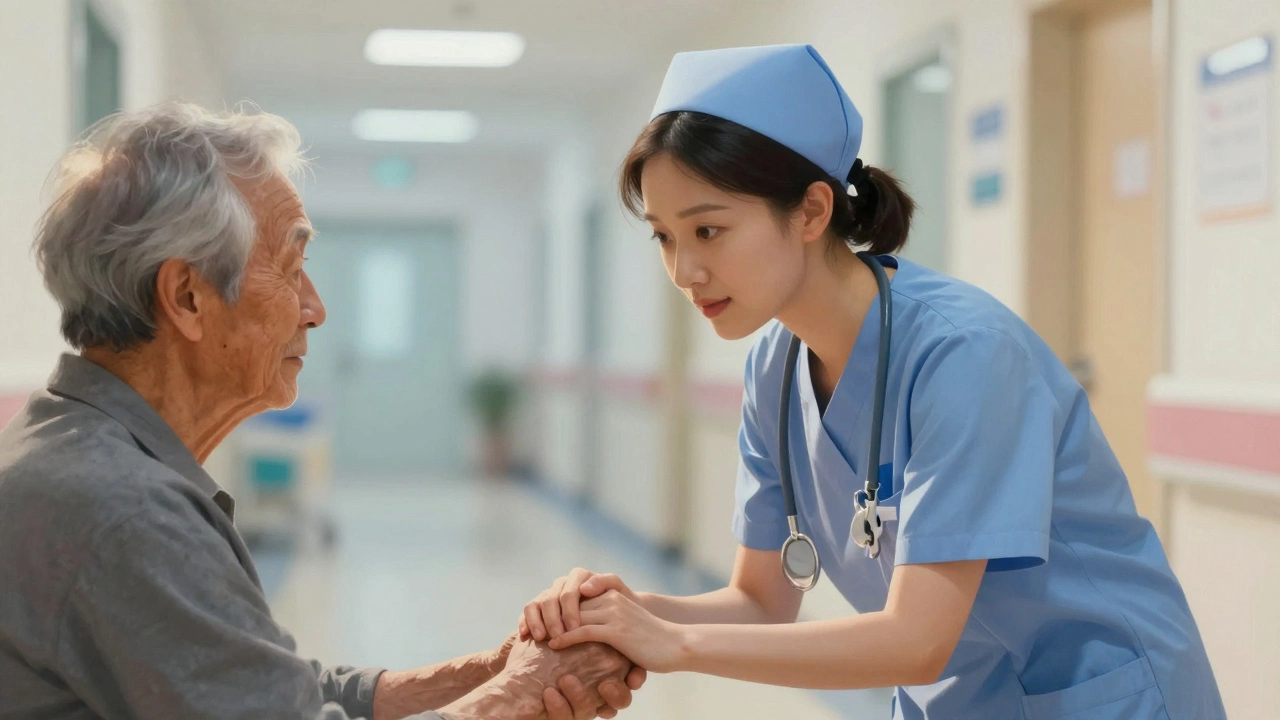 A compassionate nurse holding a patient's hand in a softly lit hospital setting.
