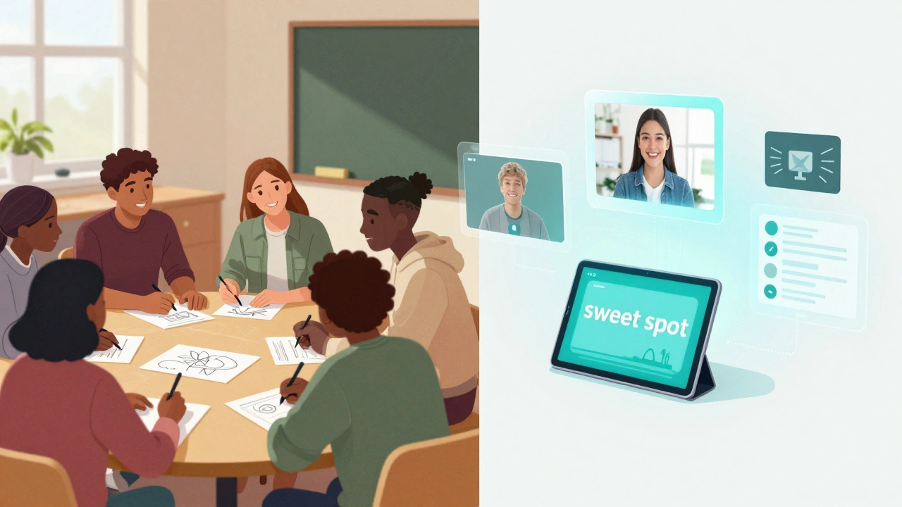 A conceptual image showing the blend of a physical classroom and a digital online learning interface.