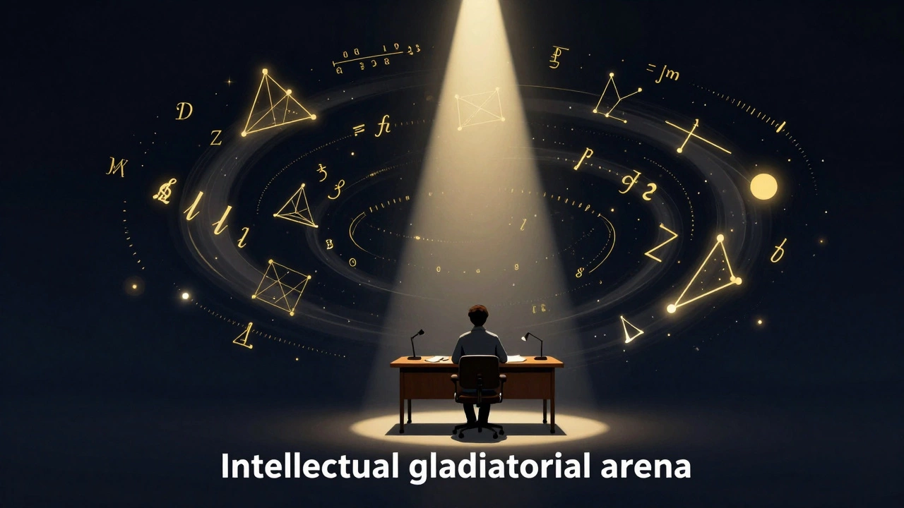 A student at a desk surrounded by glowing mathematical symbols in a dark void.